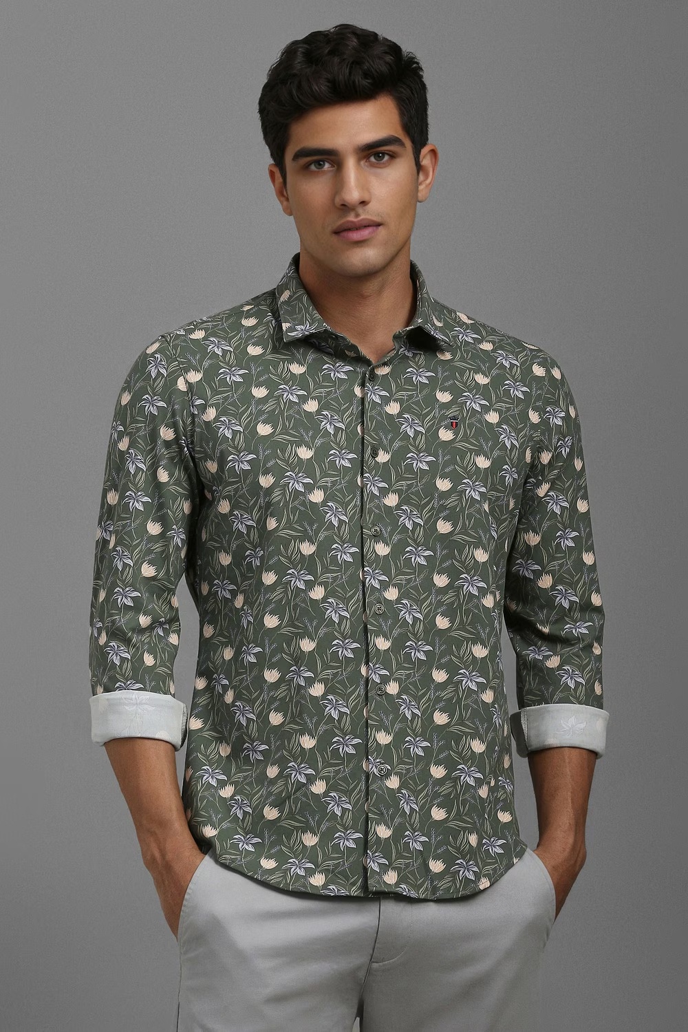 Men Green Print Full Sleeves Casual Shirt-Green