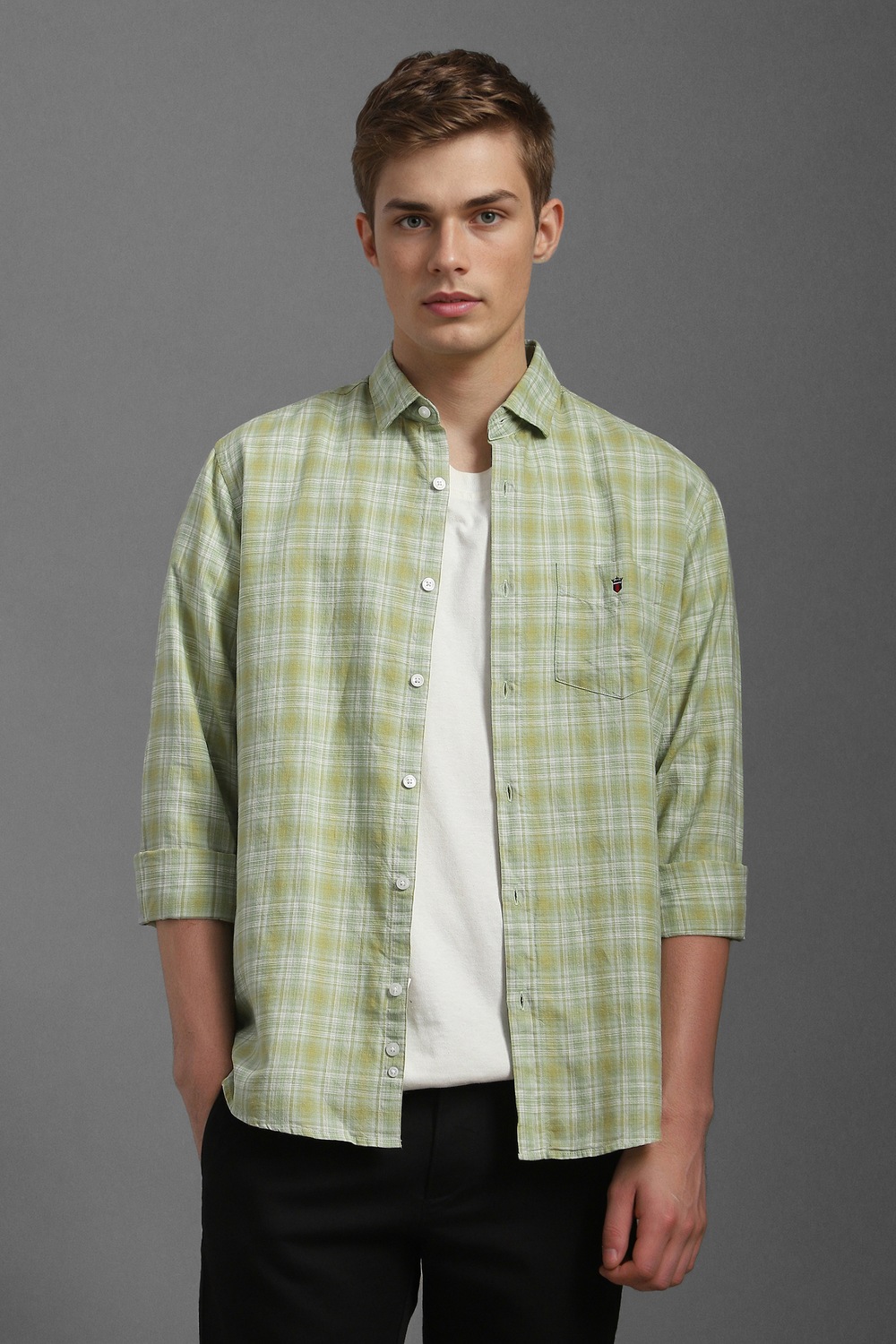 Men Green Slim Fit Check Full Sleeves Casual Shirt-Green