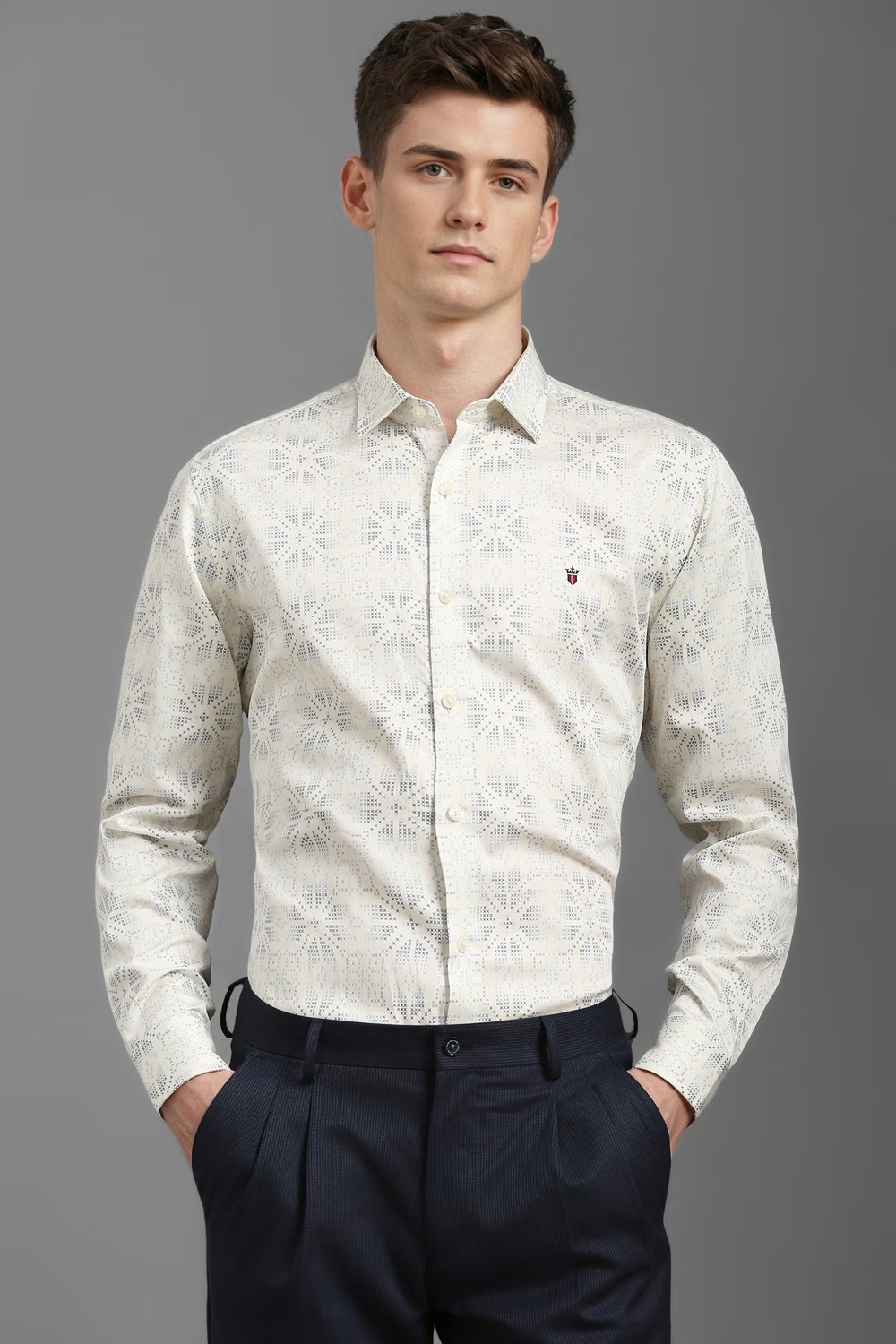 Men Cream Slim Fit Print Full Sleeves Casual Shirt-Cream