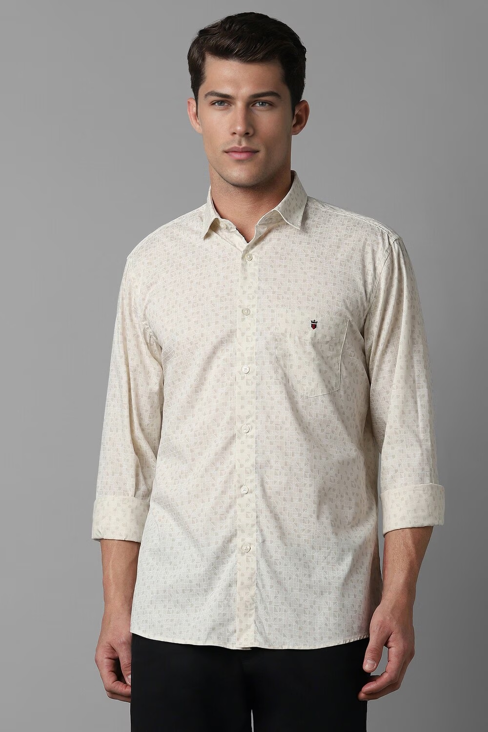 Men Cream Slim Fit Print Full Sleeves Casual Shirt-Cream