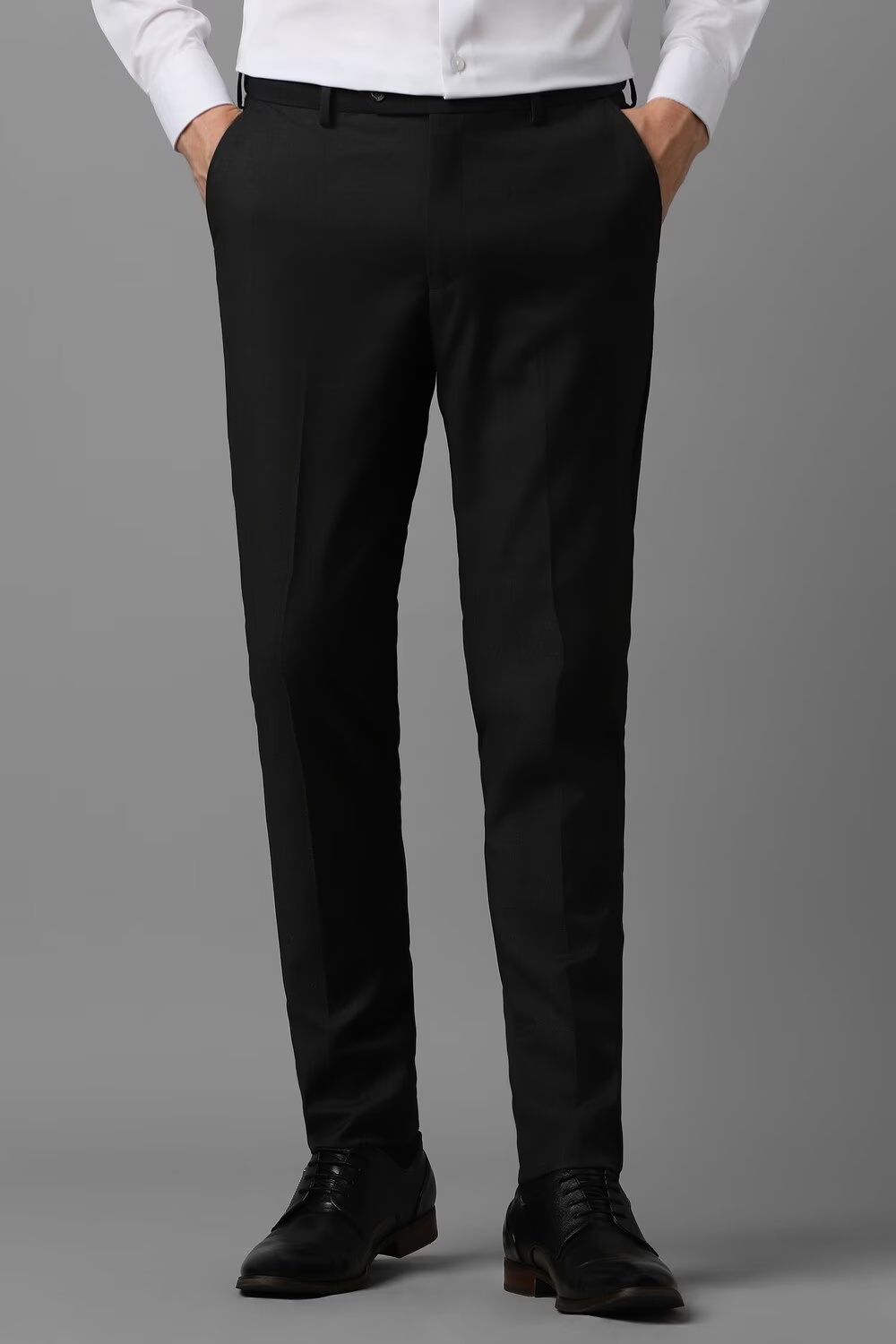 Men Black Slim Fit Check Flat Front Formal Trousers-Black