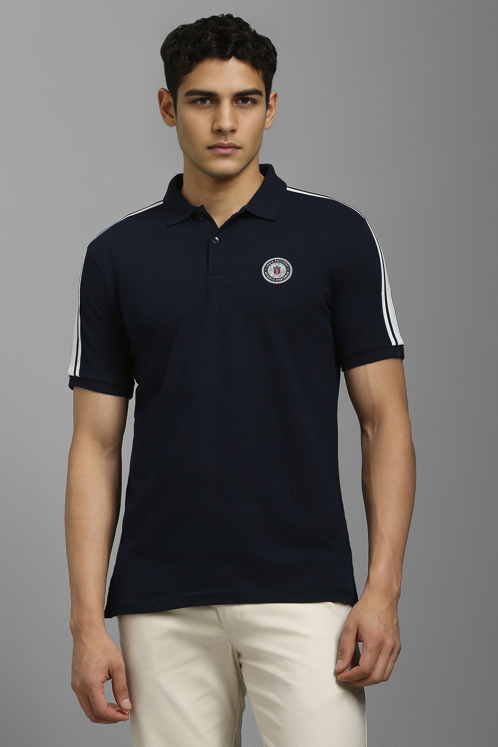 Men Navy Solid Polo Neck T-shirt-Navy