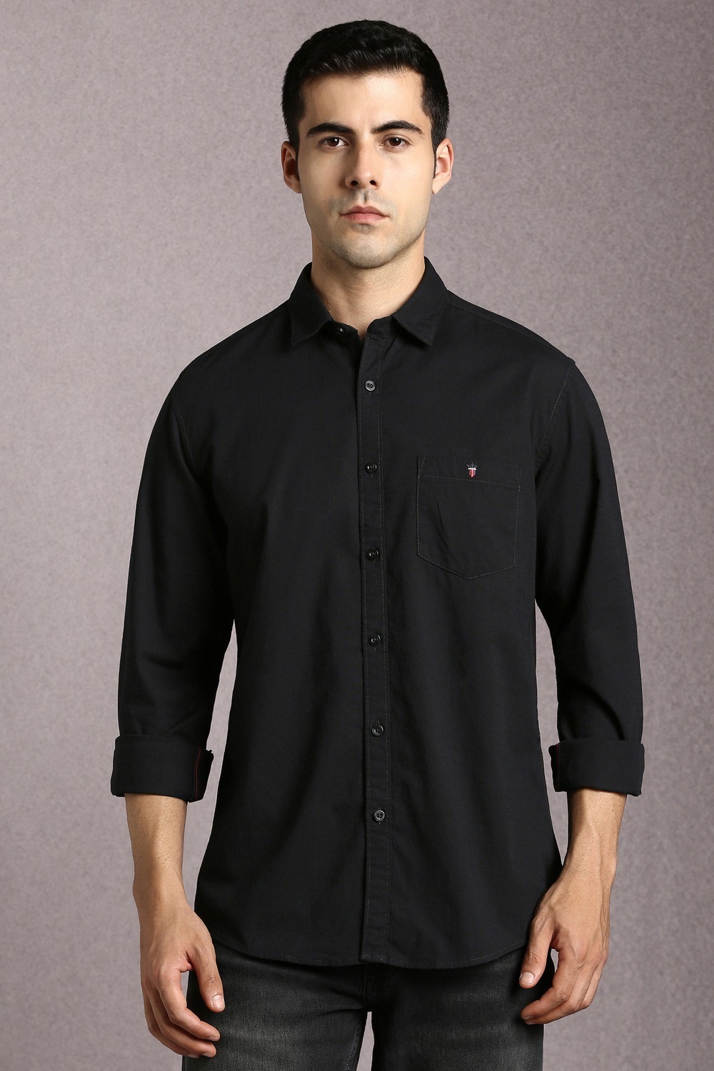 Men Black Solid Full Sleeves Casual Shirt-Black