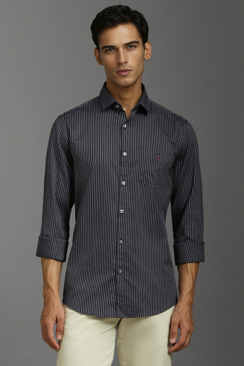 Men Grey Slim Fit Stripe Full Sleeves Casual Shirt-Grey