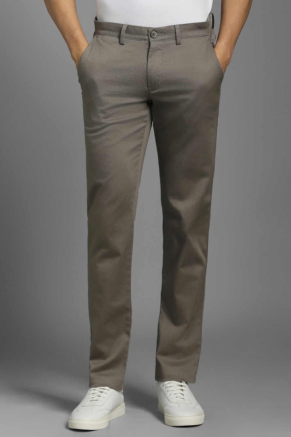 Men Grey Textured Flat Front Casual Trousers-Grey