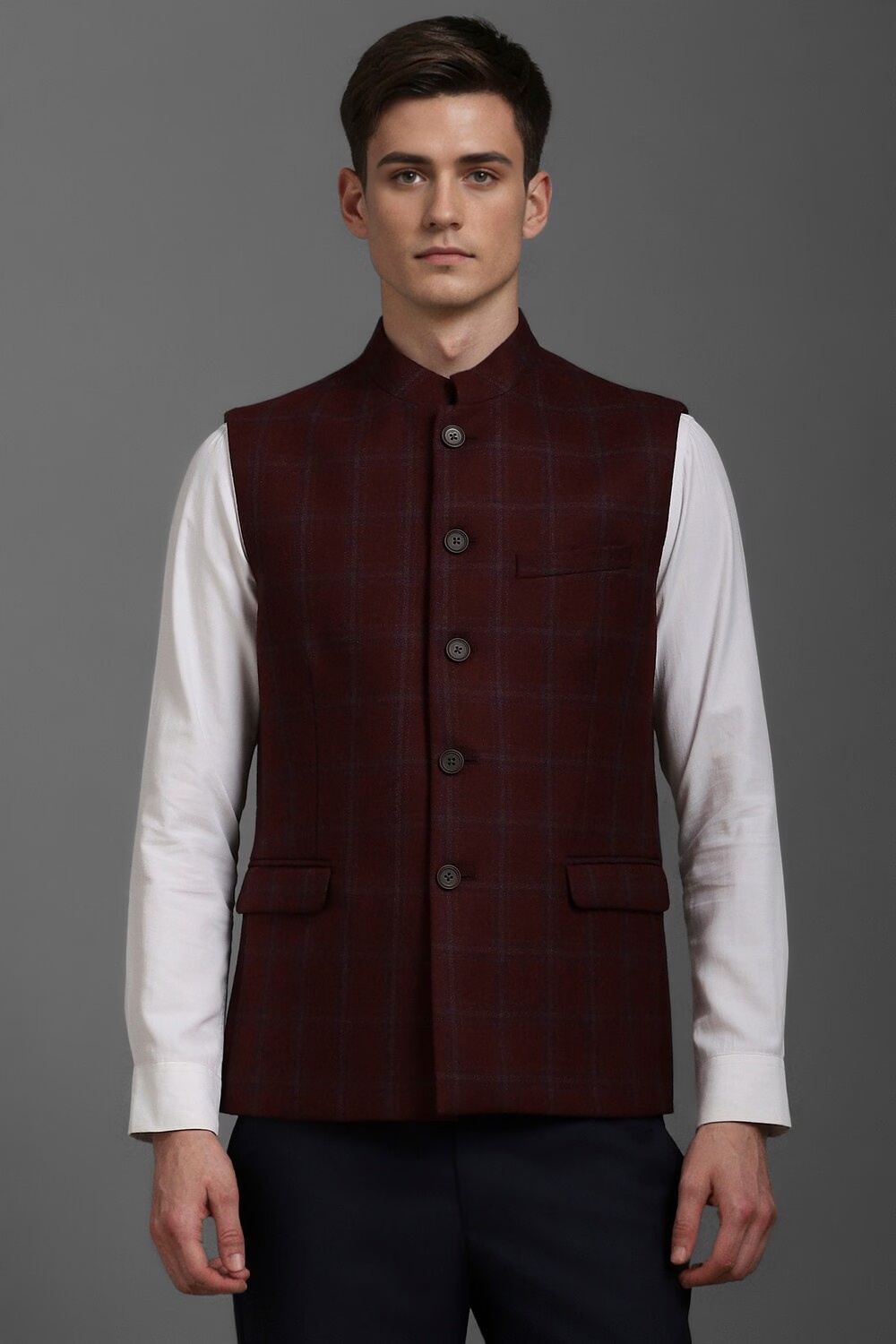 Men Maroon Check Slim Fit Casual Nehru Jacket-Maroon