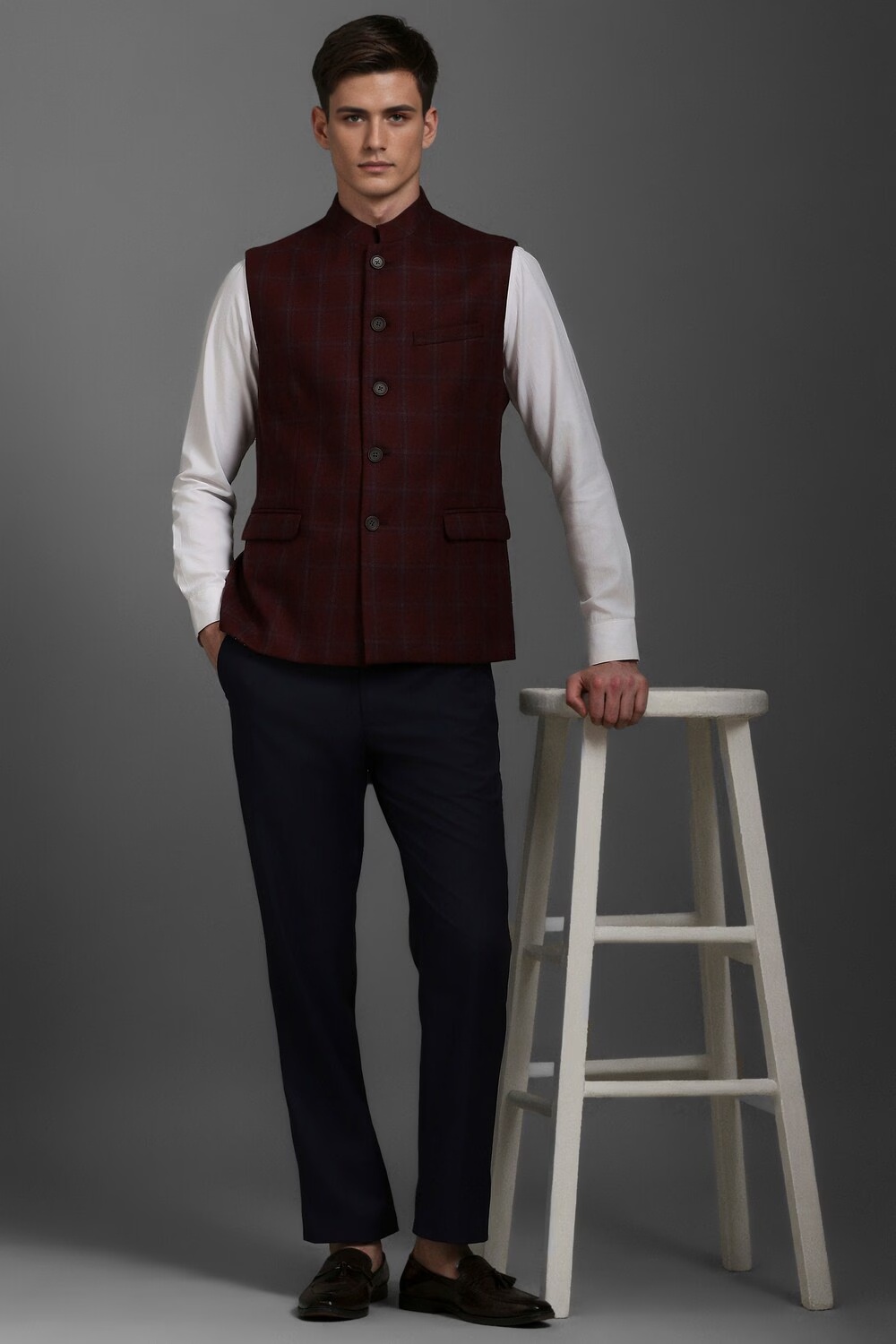 Men Maroon Check Slim Fit Casual Nehru Jacket-Maroon