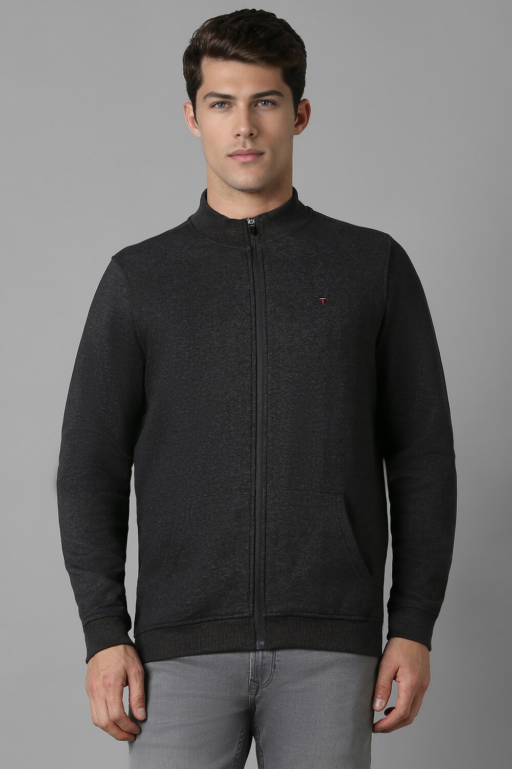 Men Casual Grey Textured Sweatshirt-Grey