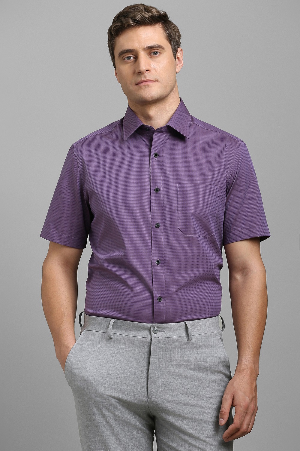 Men Purple Textured Half Sleeves Formal Shirt-Purple