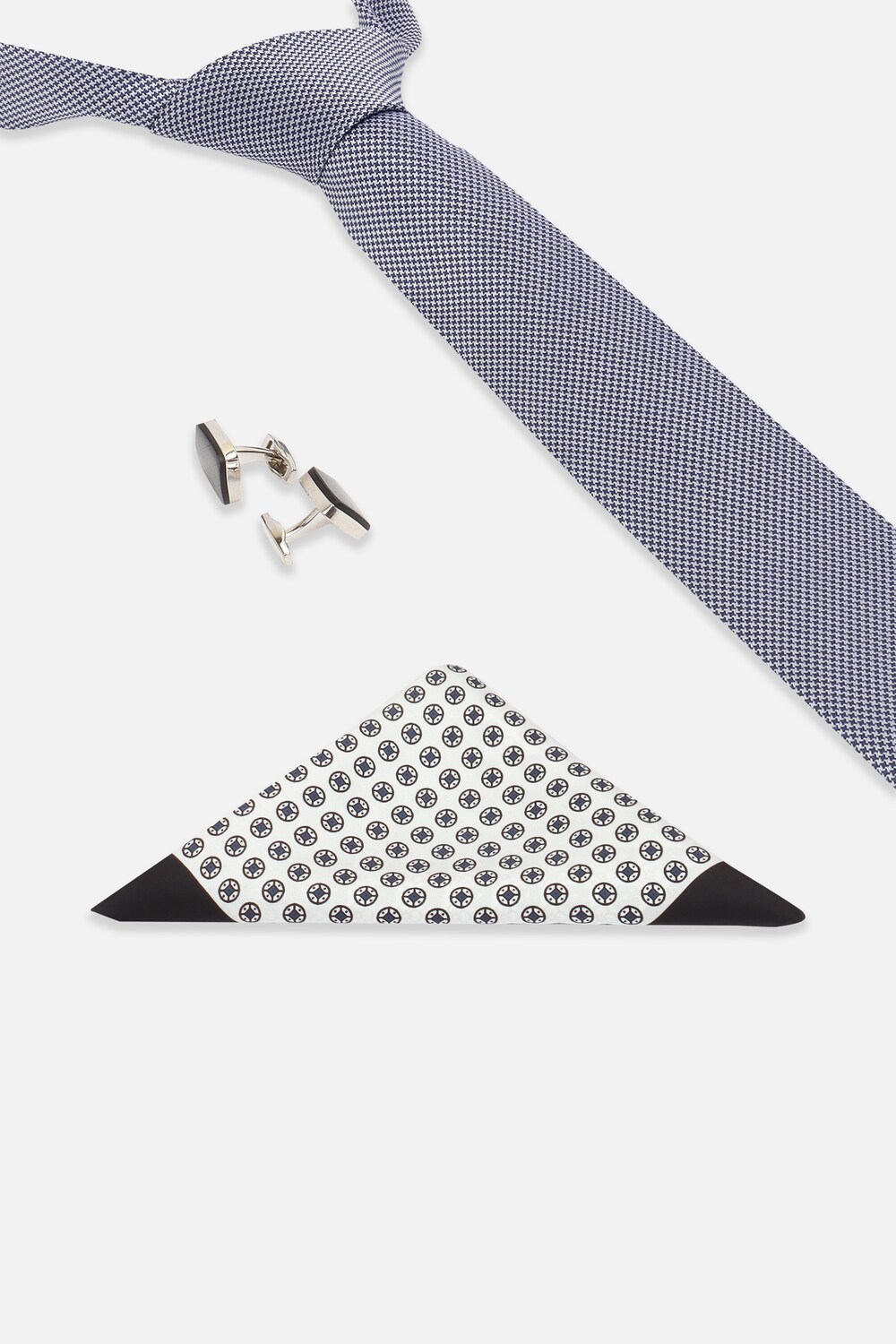 Men Navy Embroidered Tie Pocket Square And Cufflink-Navy