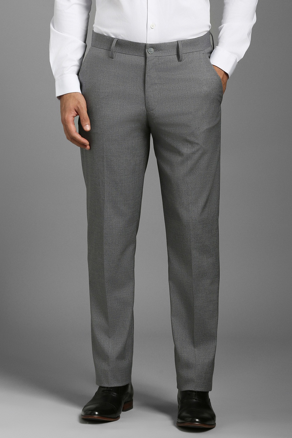 Men Grey Textured Flat Front Formal Trousers-Grey