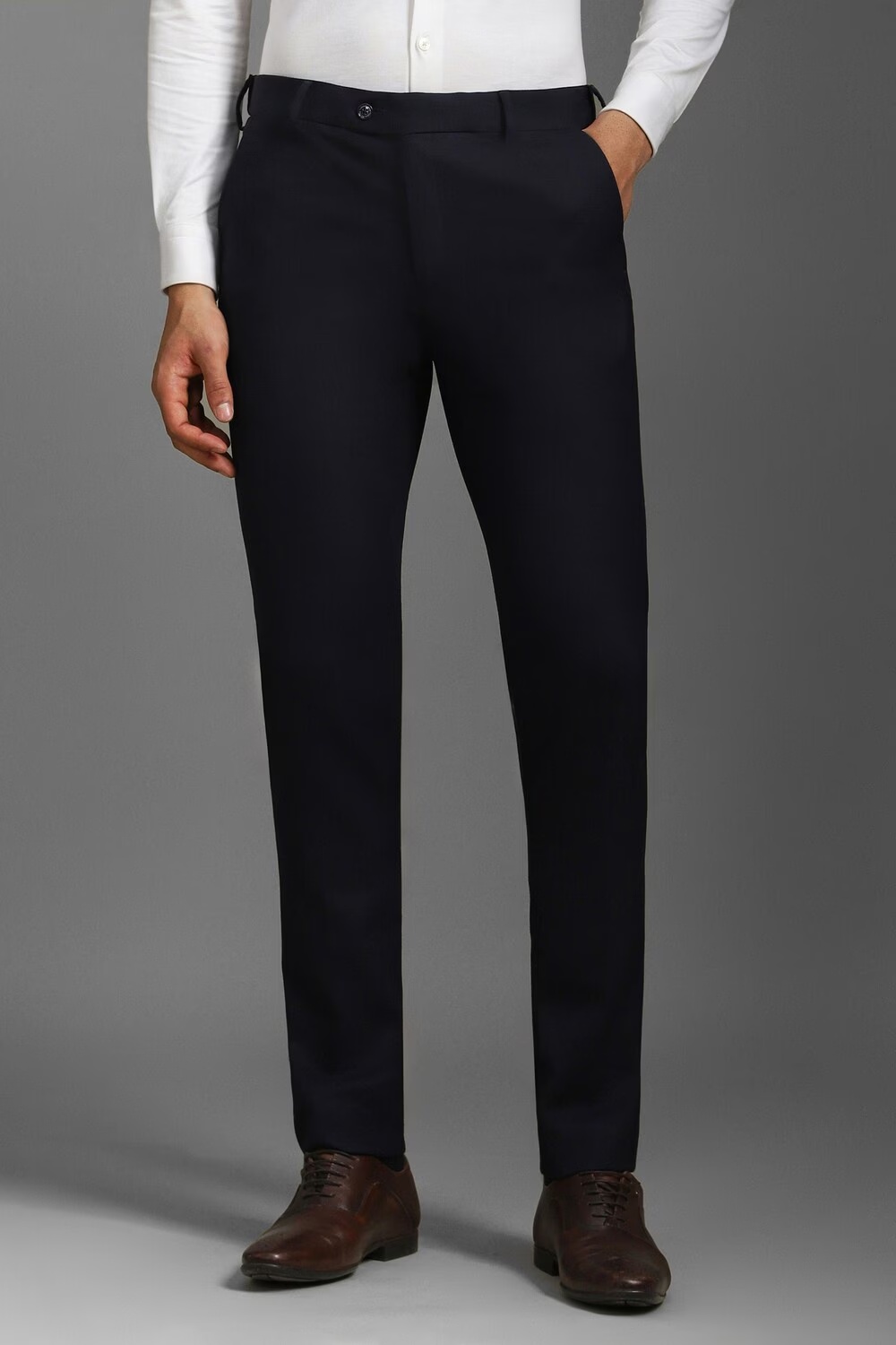 Men Navy Slim Fit Textured Flat Front Formal Trousers-Navy