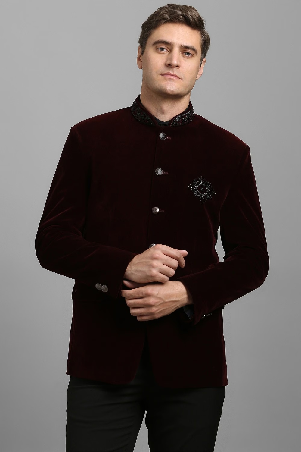 Men Maroon Embroidered Formal Blazer-Maroon