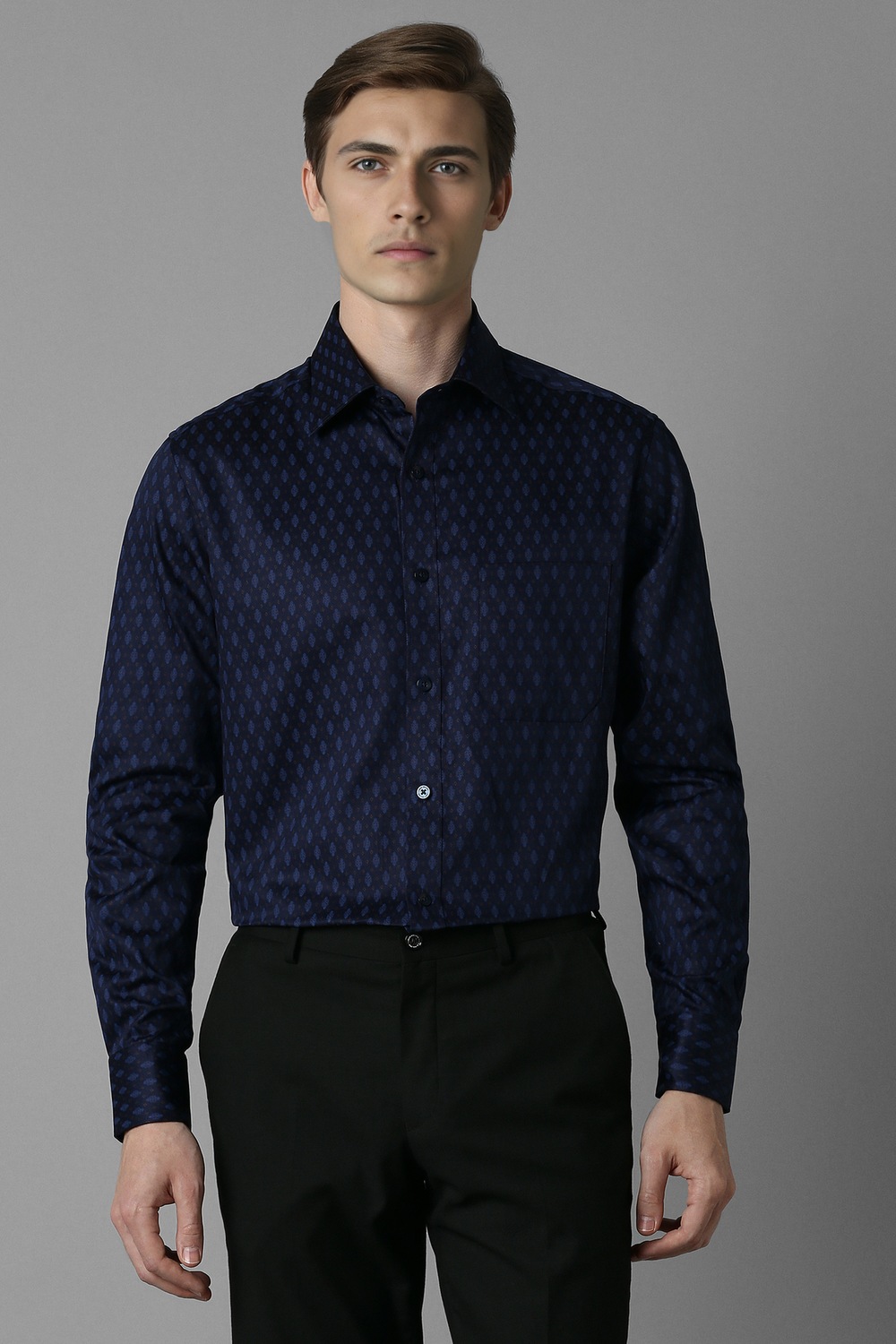 Men Navy Print Full Sleeves Formal Shirt-Navy