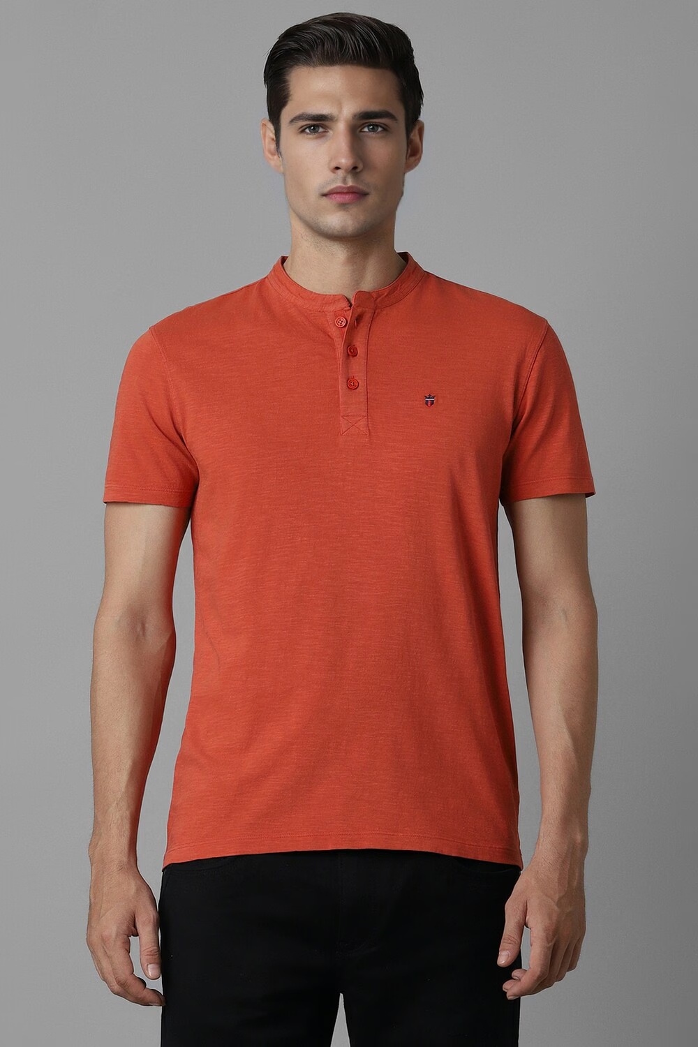 Men Orange Textured Henley Neck T-shirt-Orange