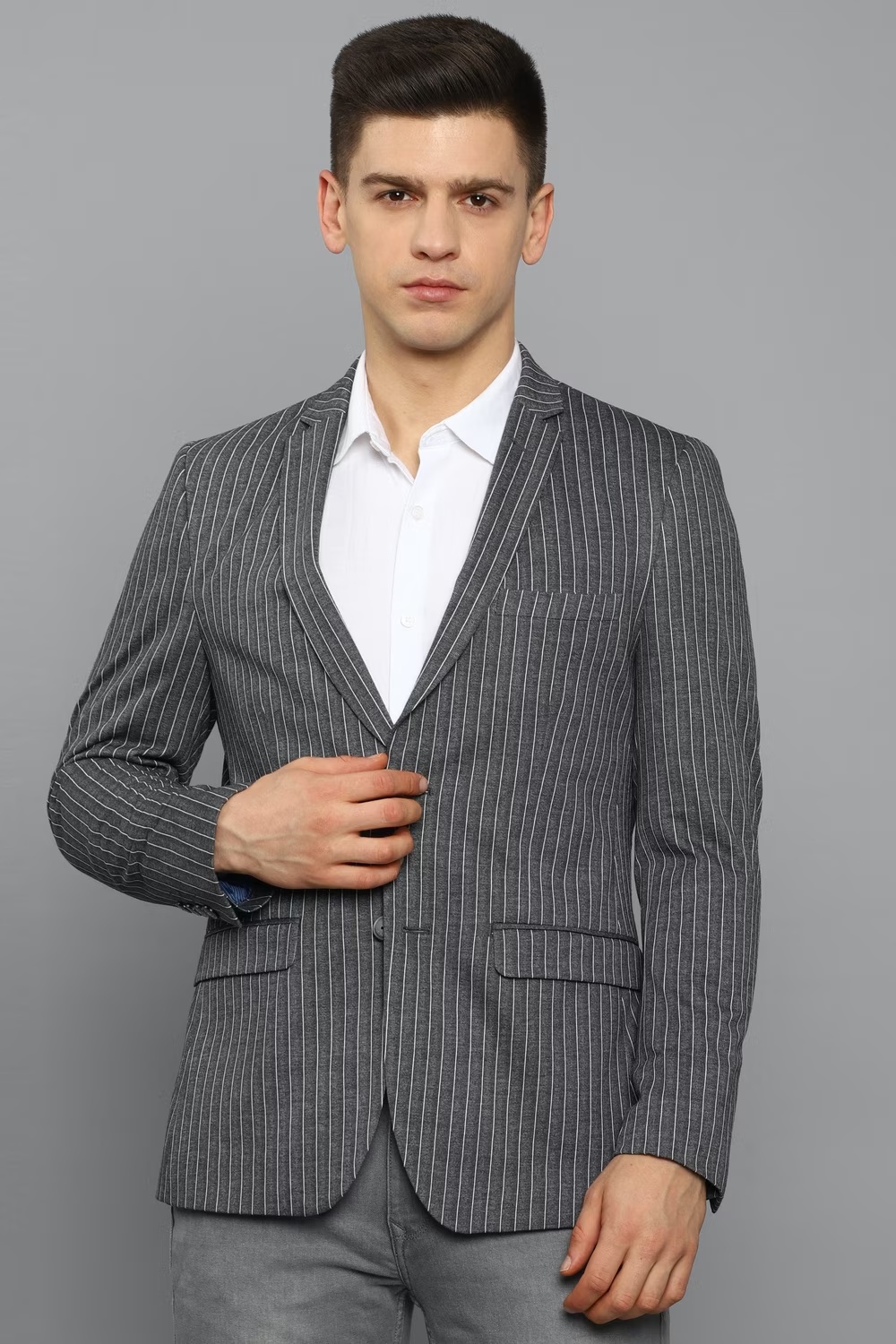 Men Grey Super Slim Fit Stripe Casual Blazer-Grey