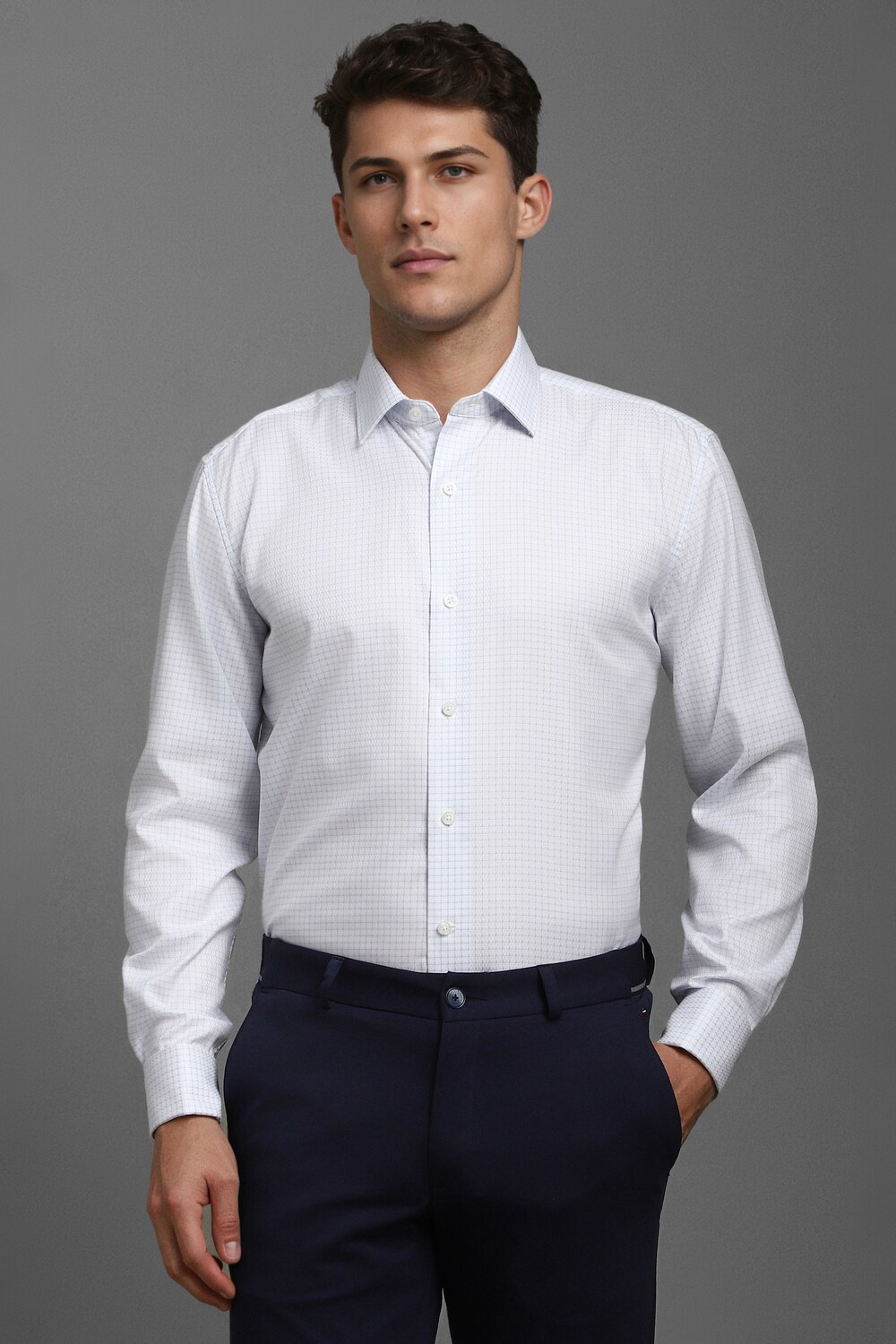 Men White Slim Fit Check Full Sleeves Formal Shirt-White