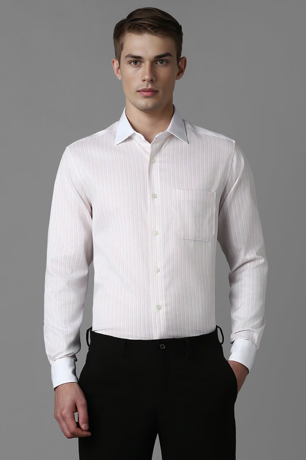 Men White Classic Fit Stripe Full Sleeves Formal Shirt-White