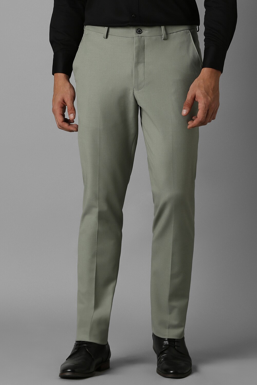 Men Olive Slim Fit Solid Flat Front Formal Trousers-Olive