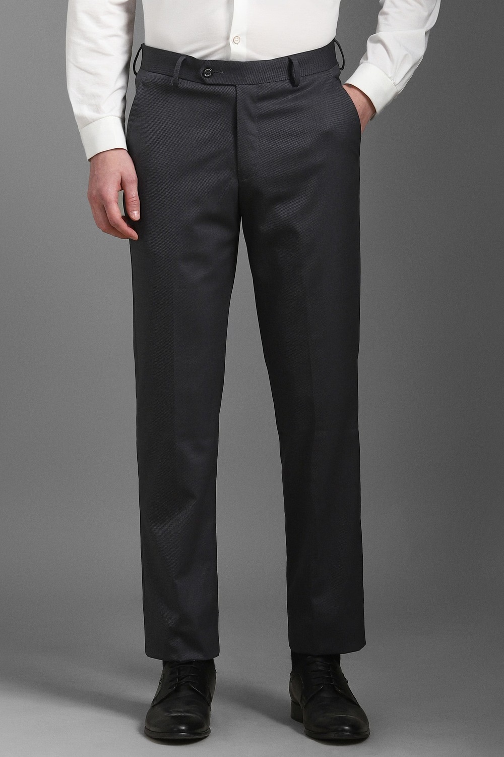 Men Grey Slim Fit Textured Flat Front Formal Trousers-Grey