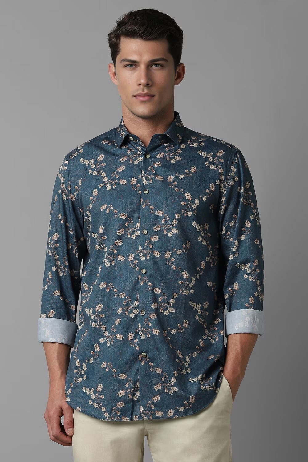 Men Navy Classic Fit Print Full Sleeves Casual Shirt-Navy