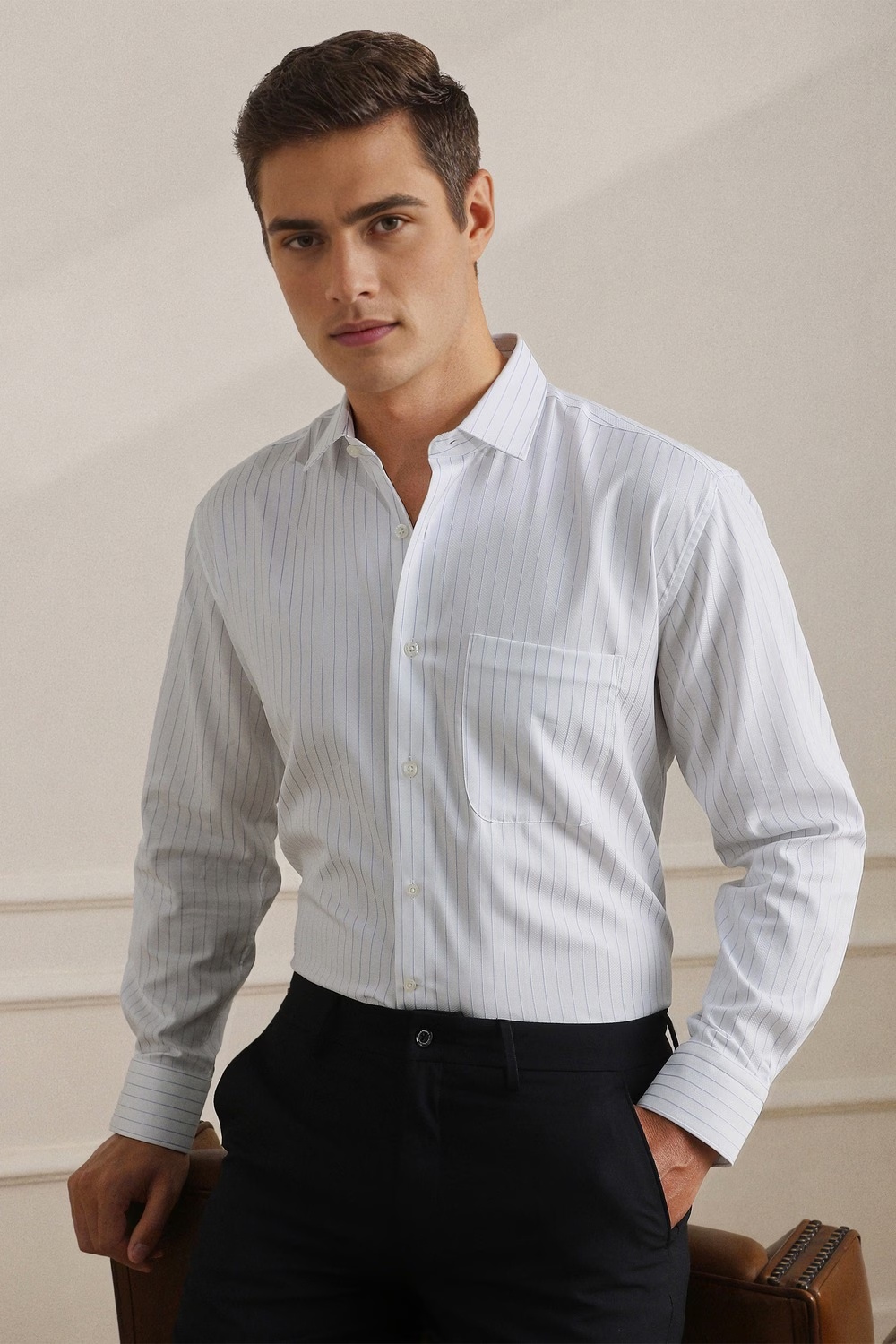 Men White Classic Fit Stripe Full Sleeves Formal Shirt-White