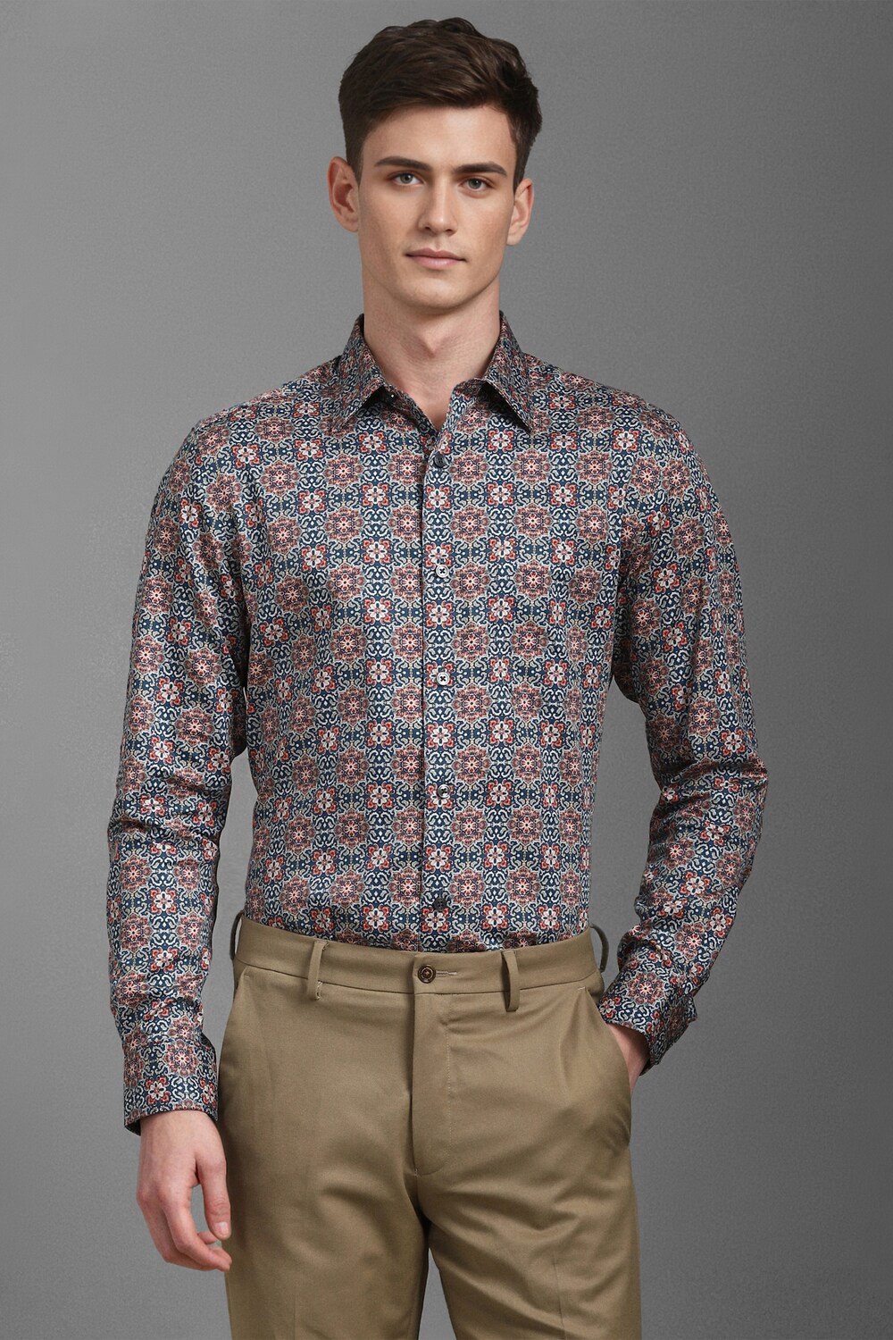 Men Navy Classic Fit Print Full Sleeves Formal Shirt-Navy