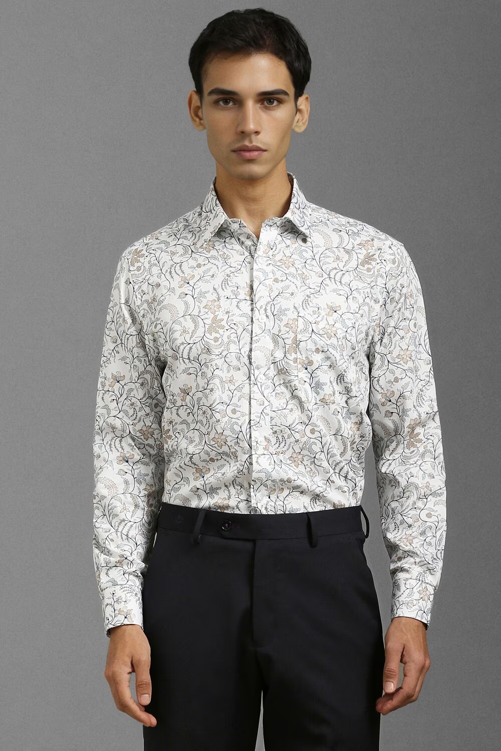 Men White Classic Fit Print Full Sleeves Formal Shirt-White