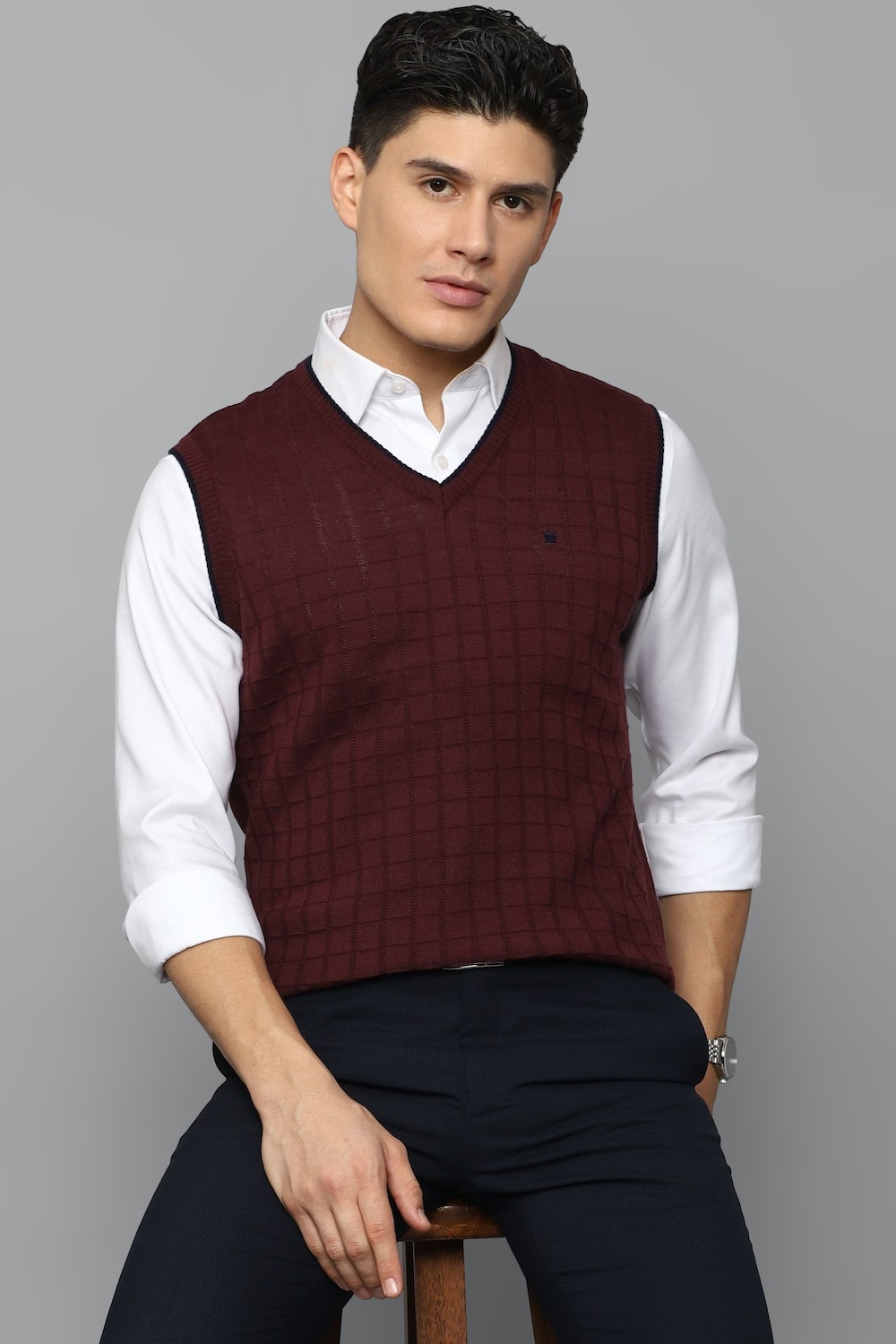 Men Maroon Check V Neck Sleeveless Sweater-Maroon 1 59910-men-maroon-check-v-neck-sleeveless-sweater-maroon-1.jpg