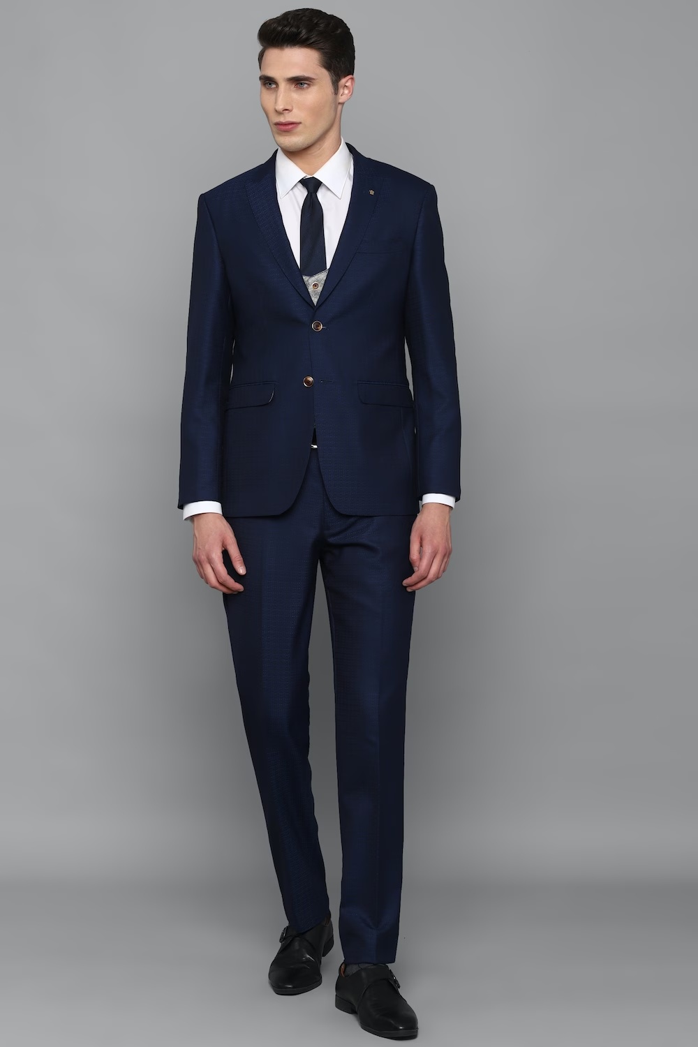 Men Navy Slim Fit Textured Formal Three Piece Suit-Navy