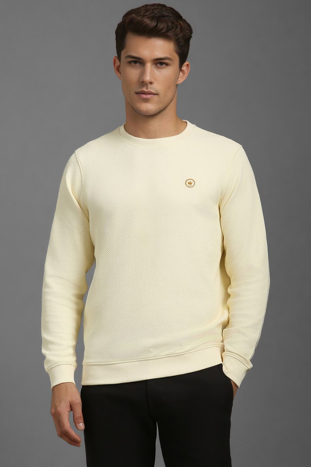 Men Casual Cream Textured Sweatshirt-Cream