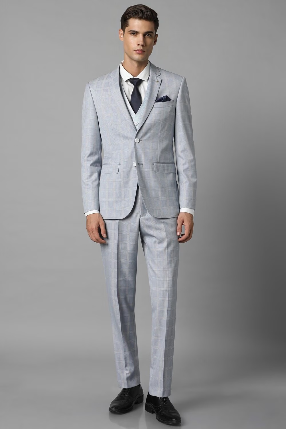 Men Blue Slim Fit Check Formal Three Piece Suit-Blue