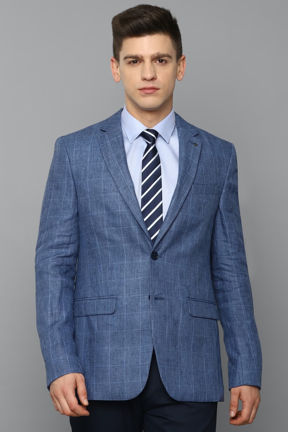 Men Blue Slim Fit Check Formal Blazer-Blue