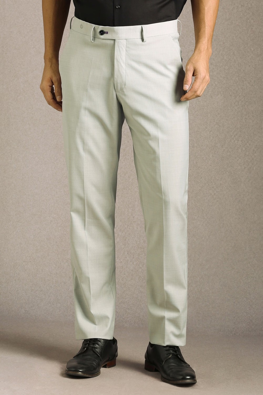 Men Grey Textured Flat Front Formal Trousers-Grey