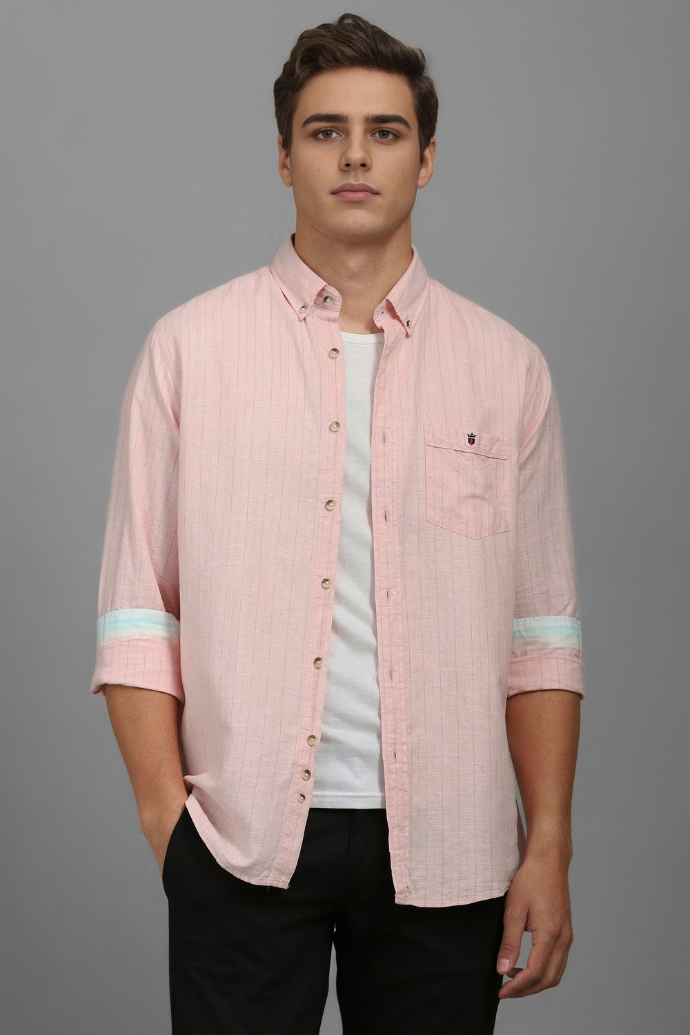Men Peach Slim Fit Stripe Full Sleeves Casual Shirt-Peach