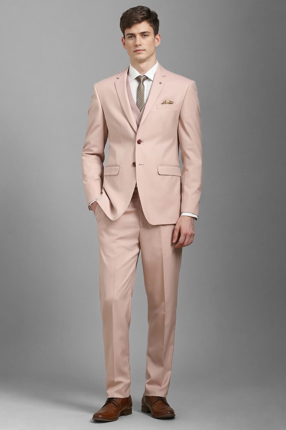 Men Peach Slim Fit Solid Formal Three Piece Suit-Peach