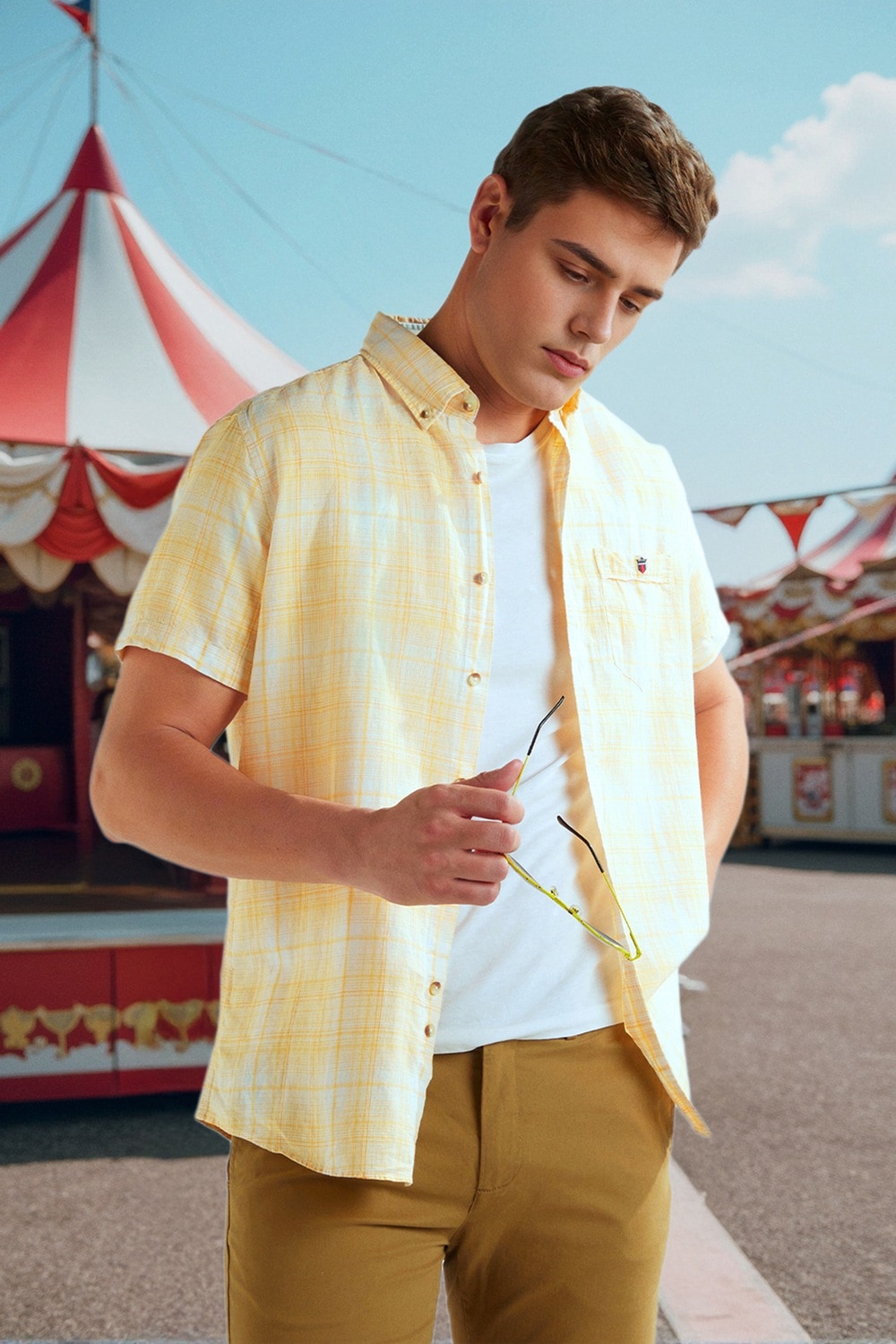 Men Yellow Slim Fit Check Half Sleeves Casual Shirt-Yellow