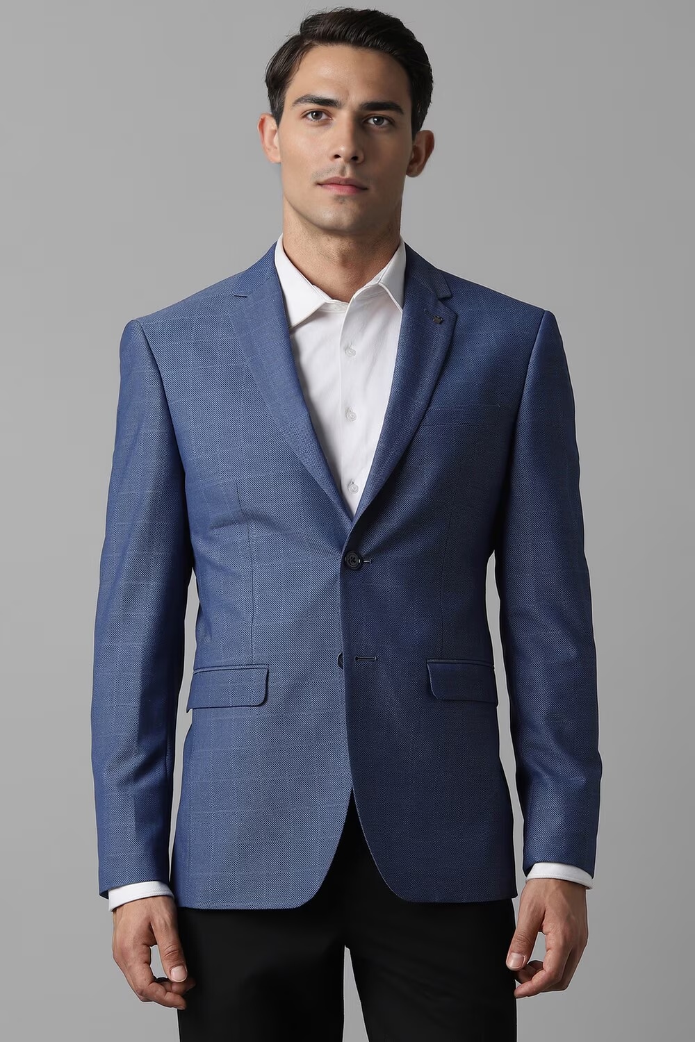 Men Blue Slim Fit Check Formal Blazer-Blue