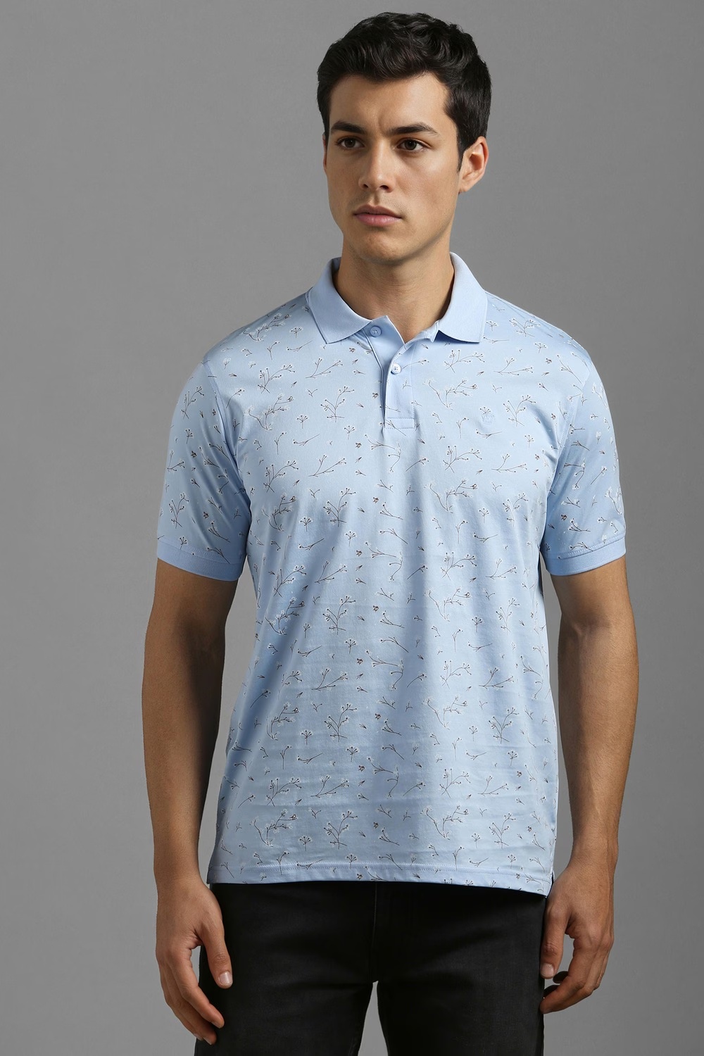 Men Light Blue Print Polo Neck T-shirt-Light Blue