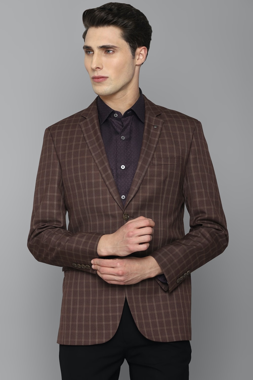 Men Brown Slim Fit Check Formal Blazer-Brown