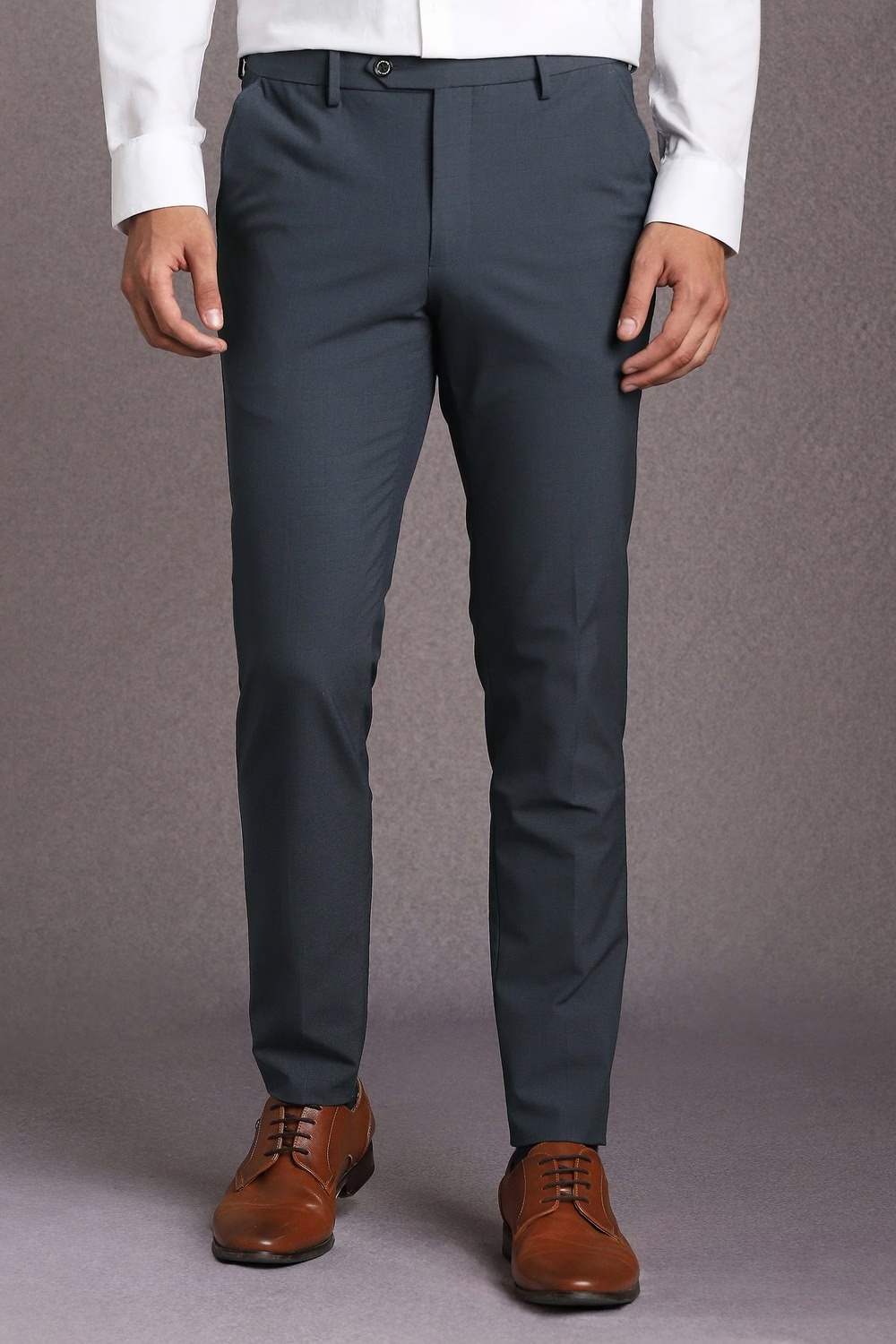 Men Navy Textured Flat Front Formal Trousers-Navy