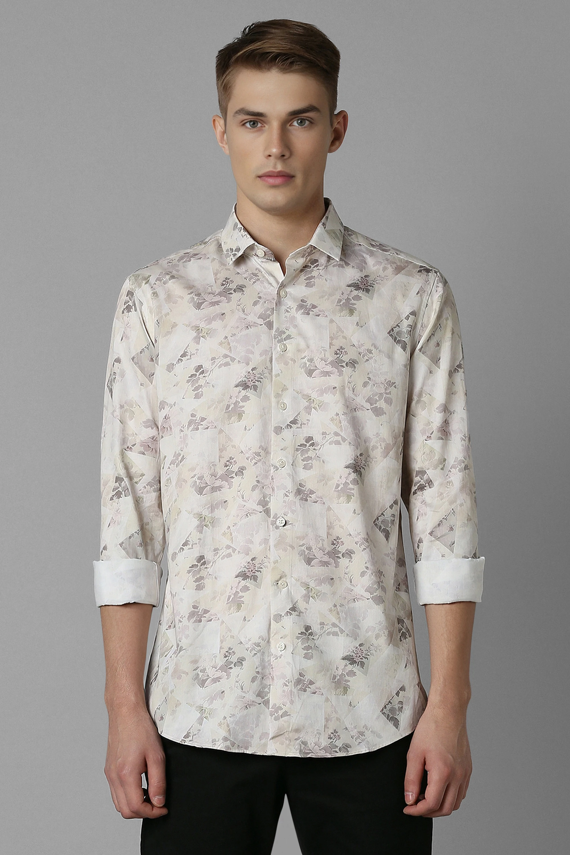 Men Grey Slim Fit Print Full Sleeves Casual Shirt-Grey