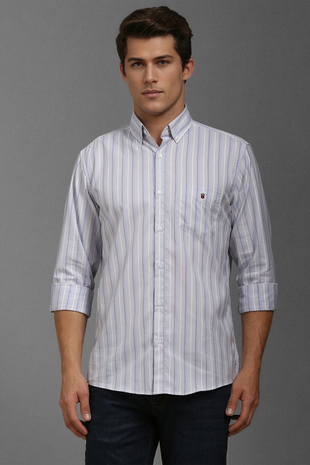Men Grey Stripe Full Sleeves Casual Shirt-Grey