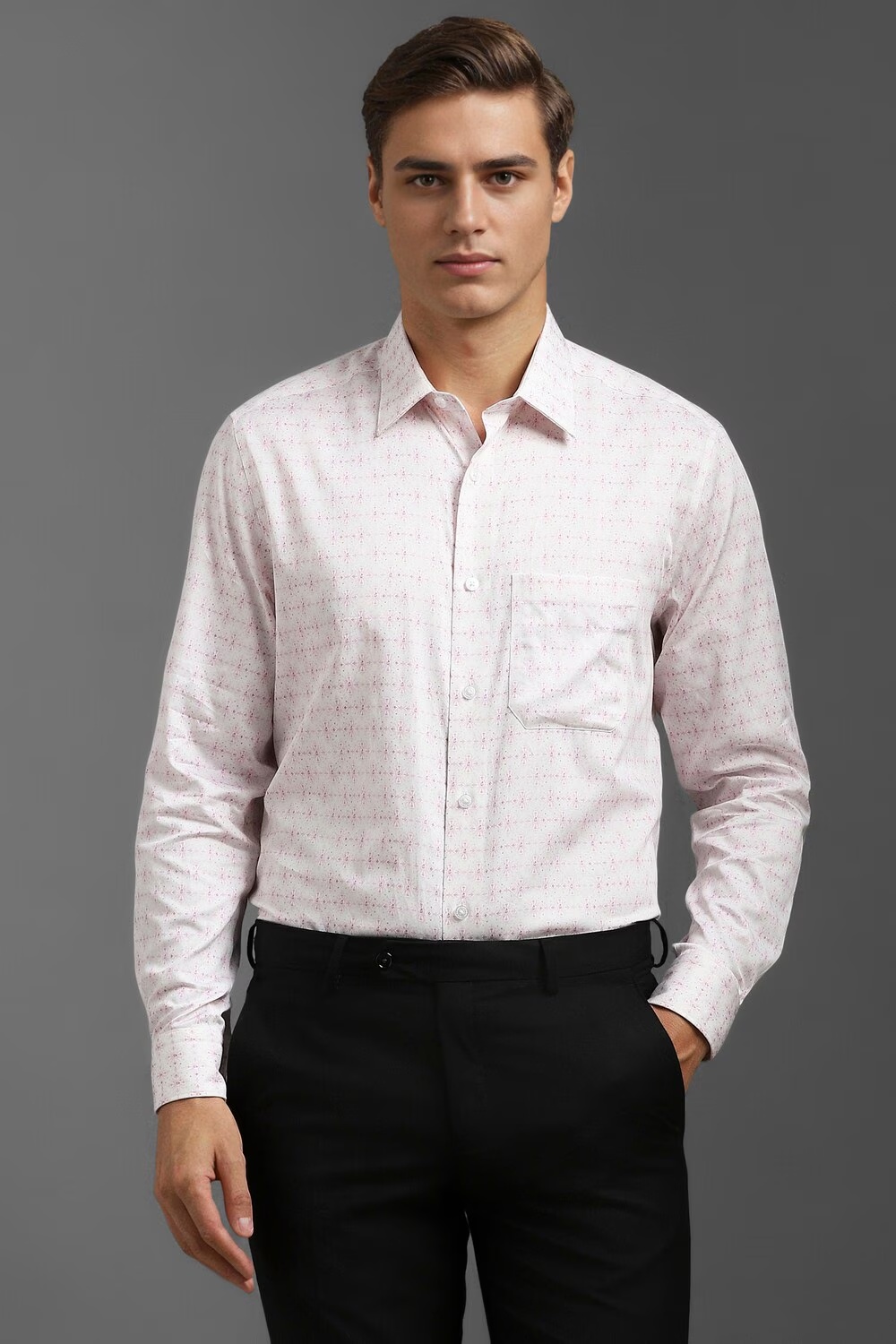 Men White Classic Fit Print Full Sleeves Formal Shirt-White