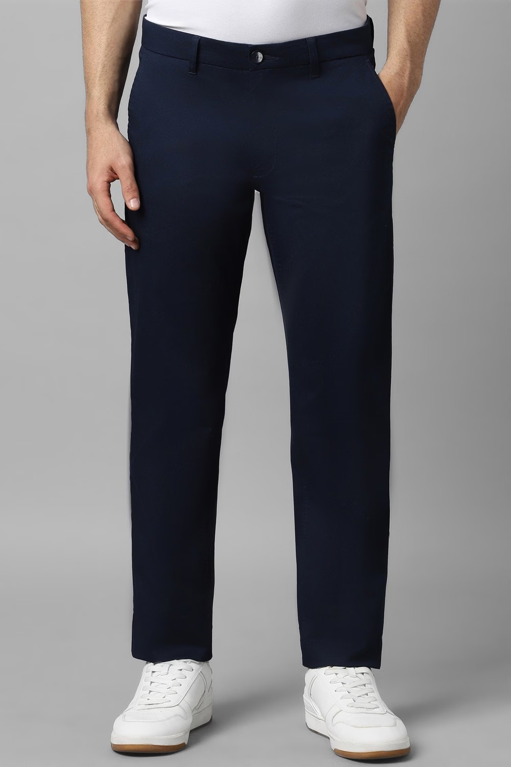 Men Navy Solid Flat Front Casual Trousers-Navy