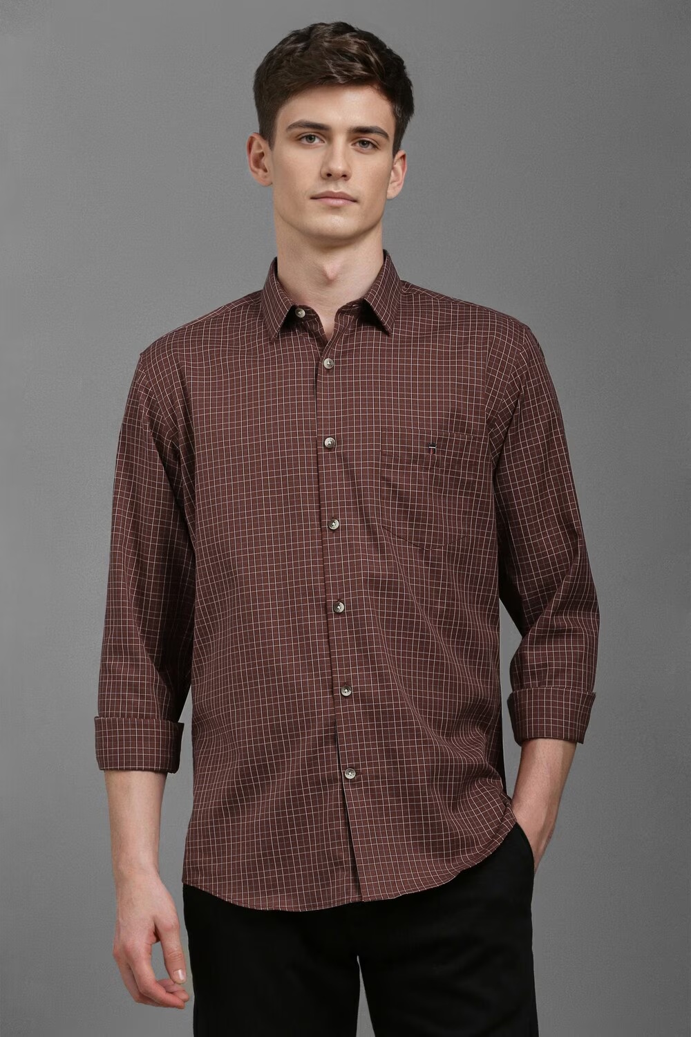 Men Brown Slim Fit Check Full Sleeves Casual Shirt-Brown