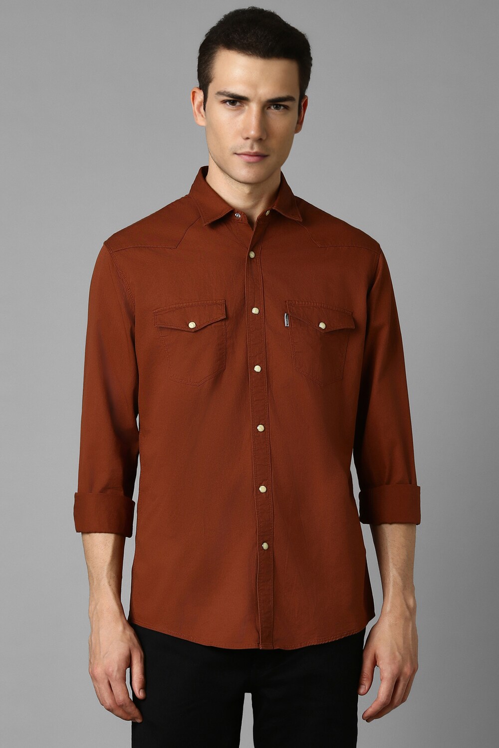Men Brown Slim Fit Solid Full Sleeves Casual Shirt-Brown
