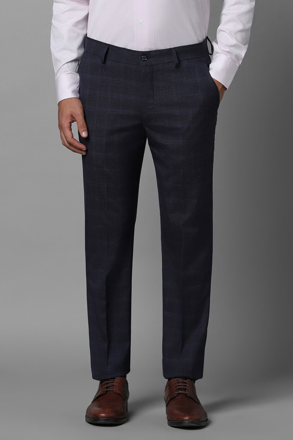 Men Navy Slim Fit Check Flat Front Formal Trousers-Navy