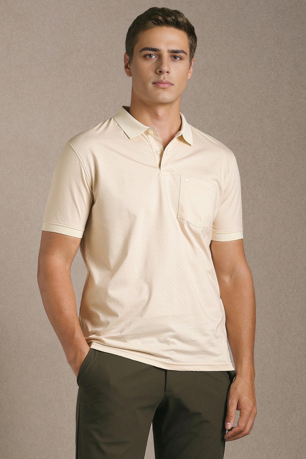 Men Beige Print Polo Neck T-shirt-Beige