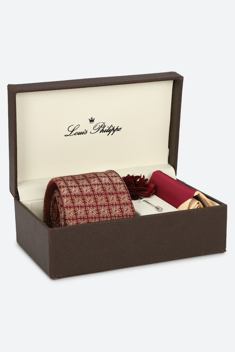 Men Maroon Print Tie Pocket Square And Lapel Pin-Maroon